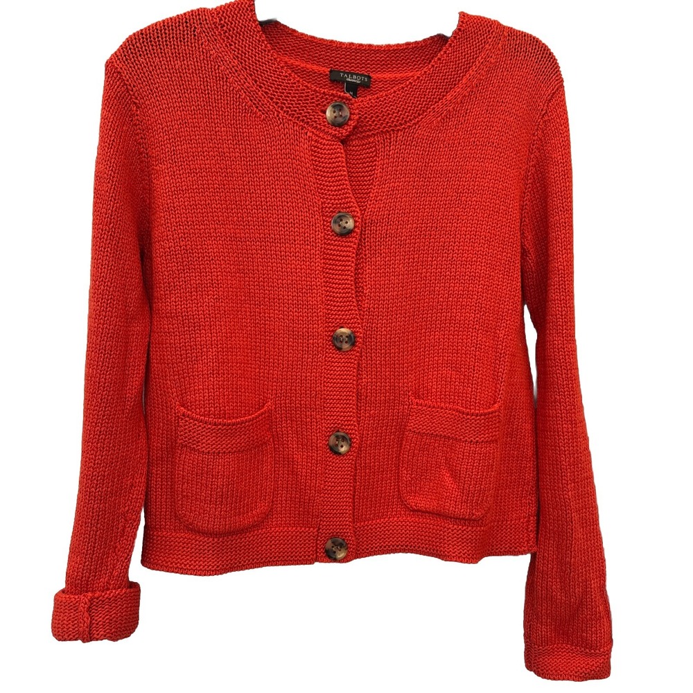 Talbots Cardigan Women Button Front Orange Knit Sweater Classic Preppy Retro Med
